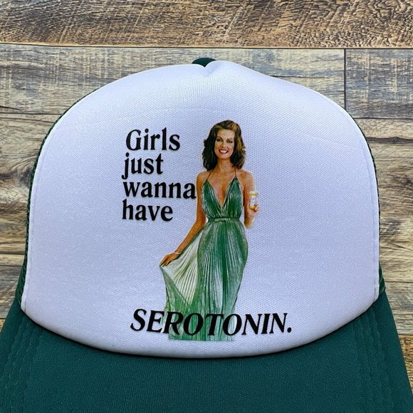 Girls Just Wanna Have Serotonin Mens Trucker Hat Green Snapback Meme Ball Cap - Picture 3 of 8
